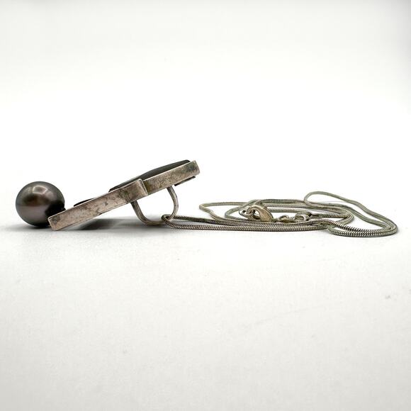 Ammolite Pendant Sterling Silver Necklace | Black Tourmaline? Black Pearl Signed - Picture 13 of 13